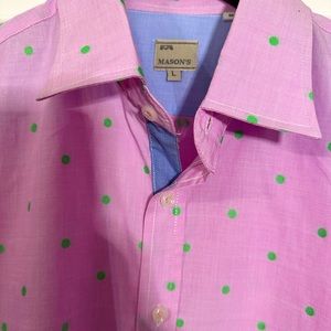 Masons, Dress Shirt, Large, Pink with green embroidered dots.